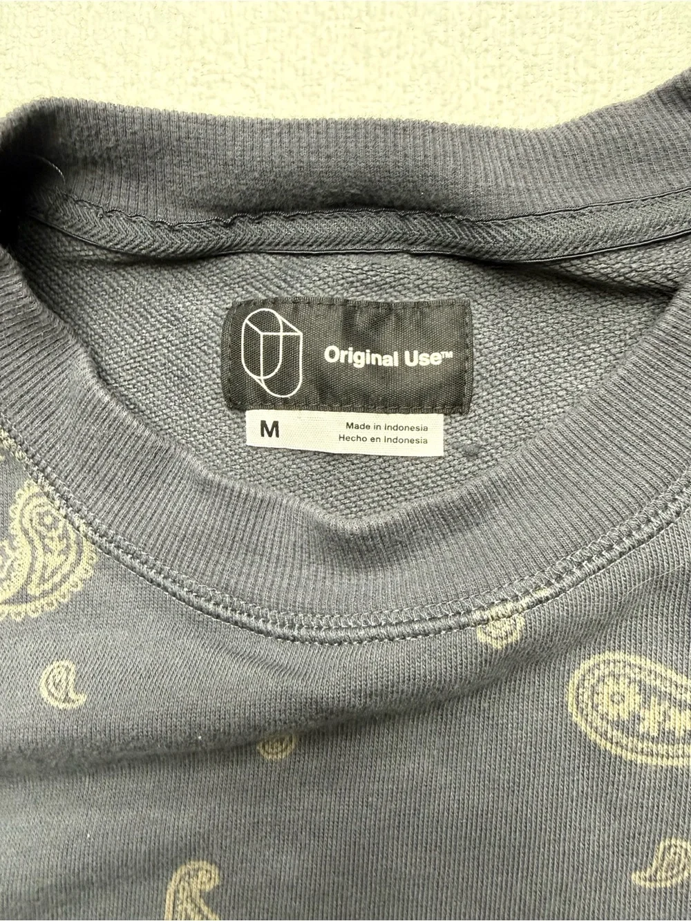 Original Use Gray Crewneck Sweater with Cream Paisley Print